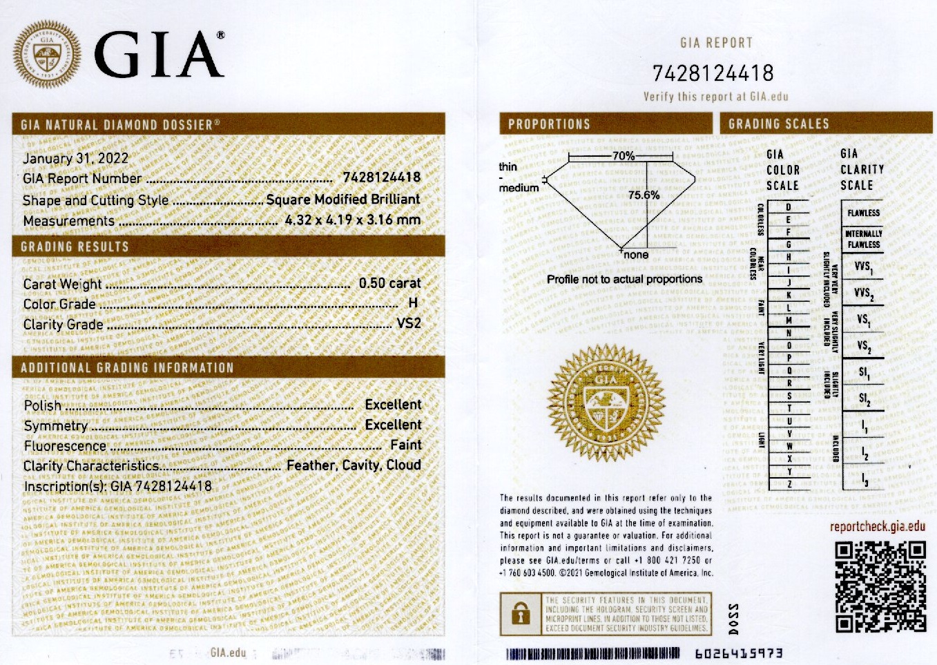 Diamant 0,50 ct., H, VS2, GIA 7428124418