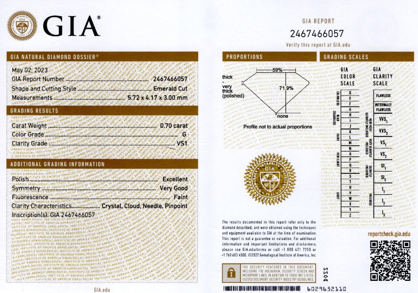 Diamant 0,70 ct., G, VS1, certificare GIA 2467466057