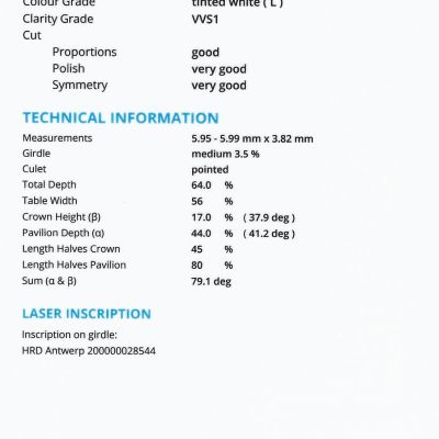 Diamant 0,84 ct., L, VVS1, HRD Antwerp Belgia