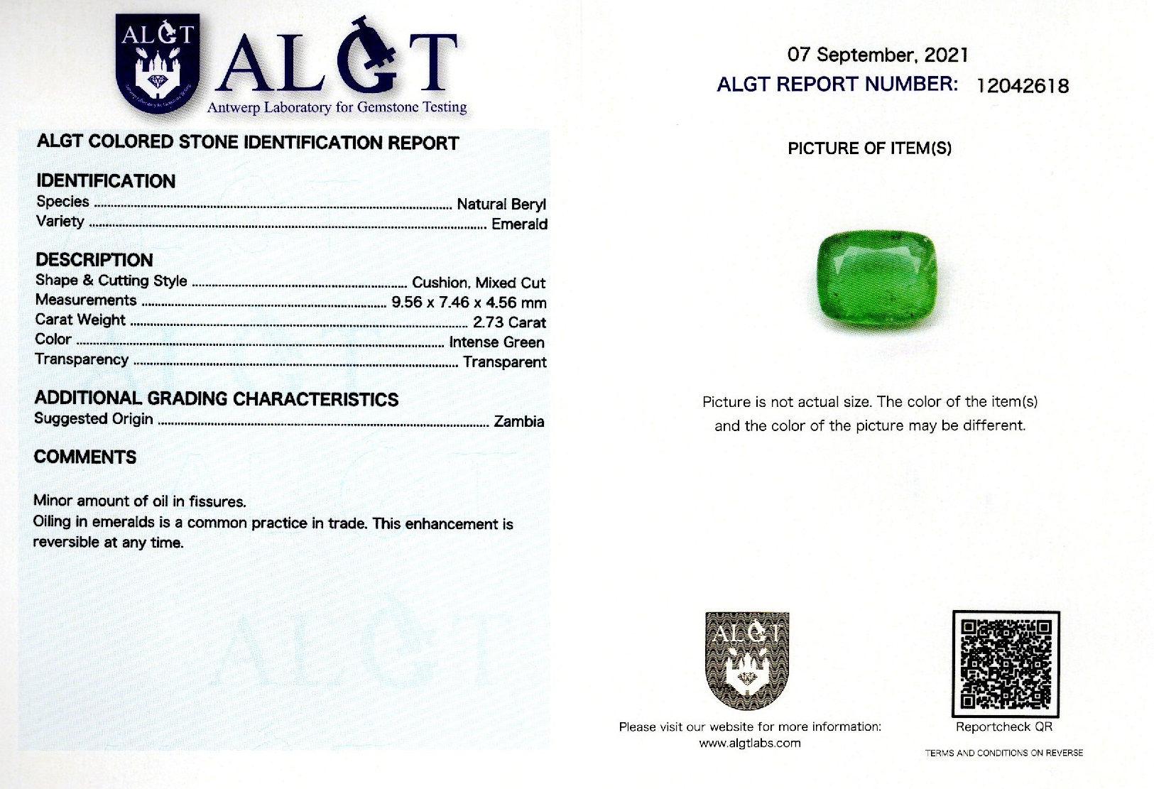 Smarald 2,73 ct., Zambia, ALGT Antwerp