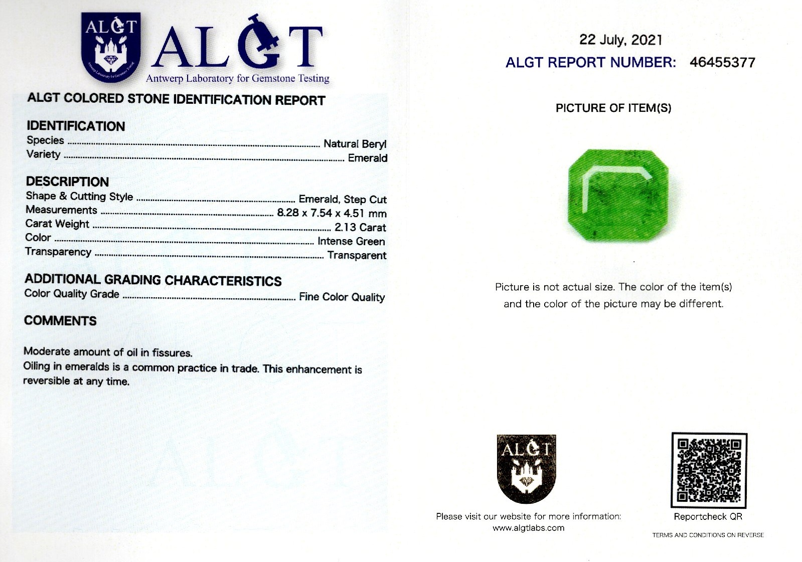 Smarald 2,13 ct., Fine Color Quality, ALGT Antwerp