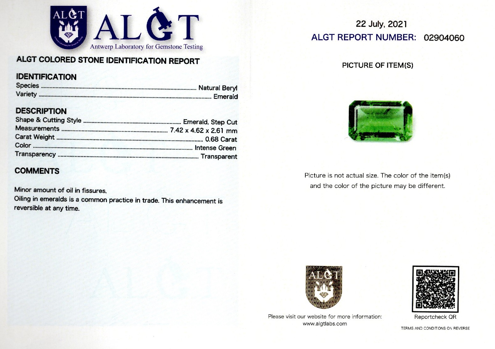 Smarald 0,68 ct., certificare ALGT Antwerp