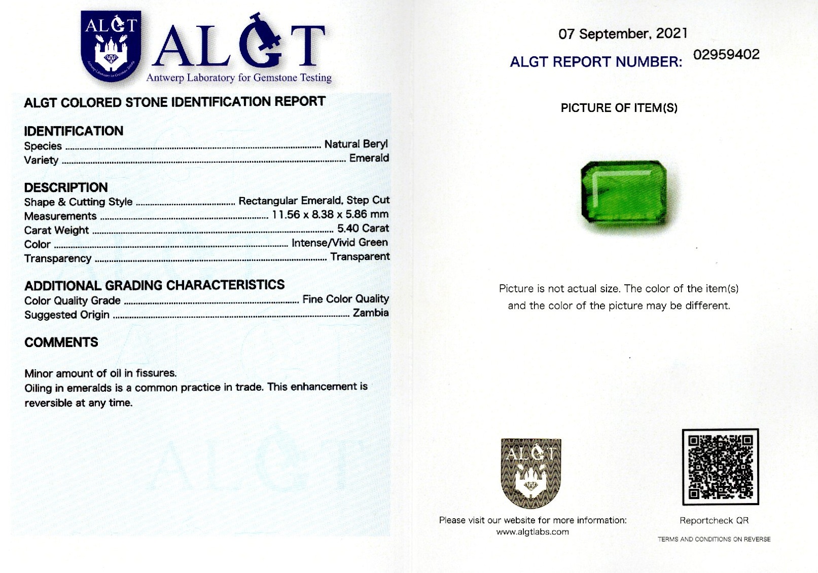 Smarald 5,40 ct., Zambia, Fine Color Quality, ALGT Antwerp