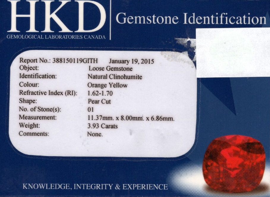 Clinohumit 3,93 ct., certificare HKD GL Canada