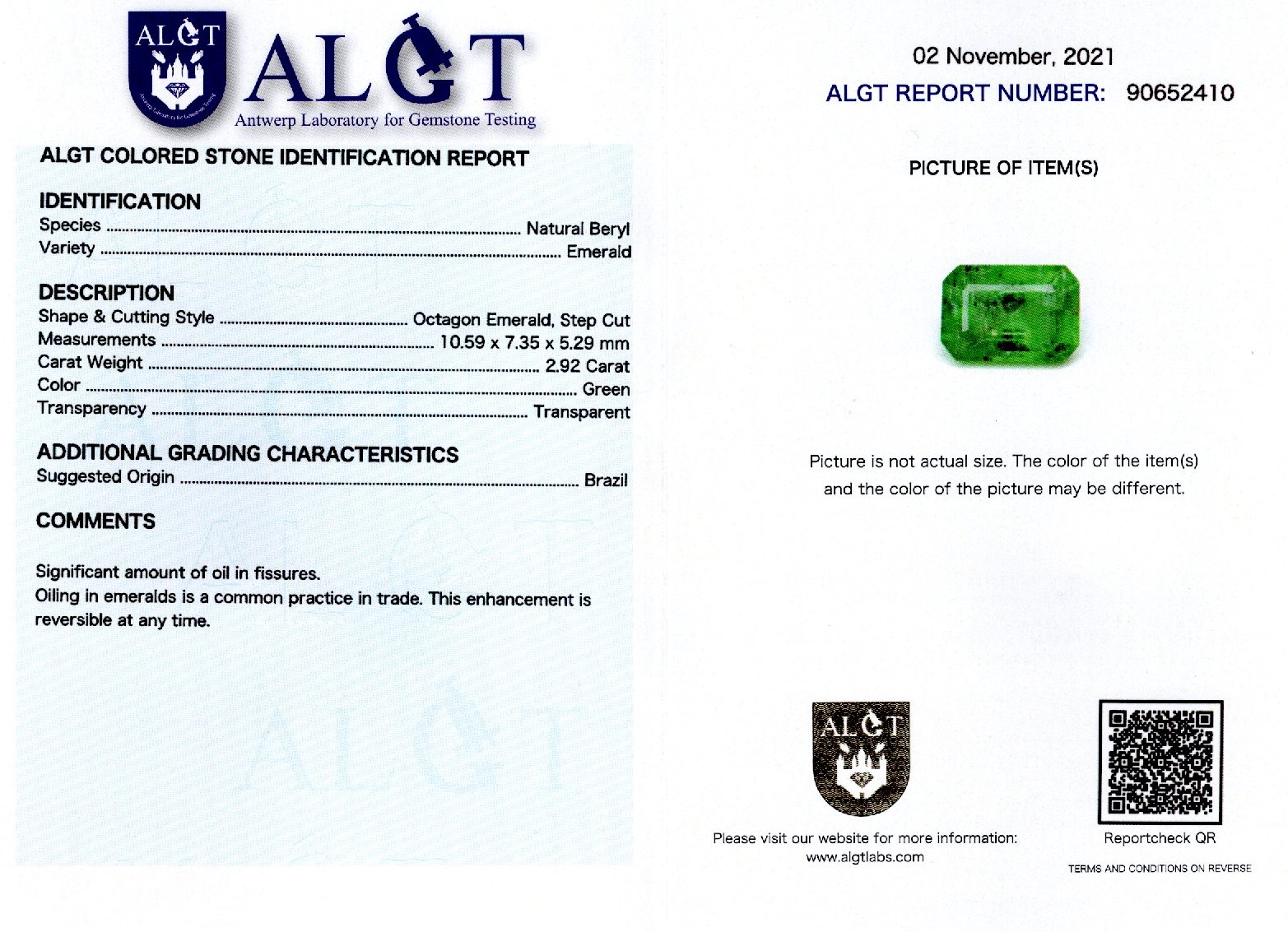 Smarald 2,92 ct., Brazilia, ALGT Antwerp