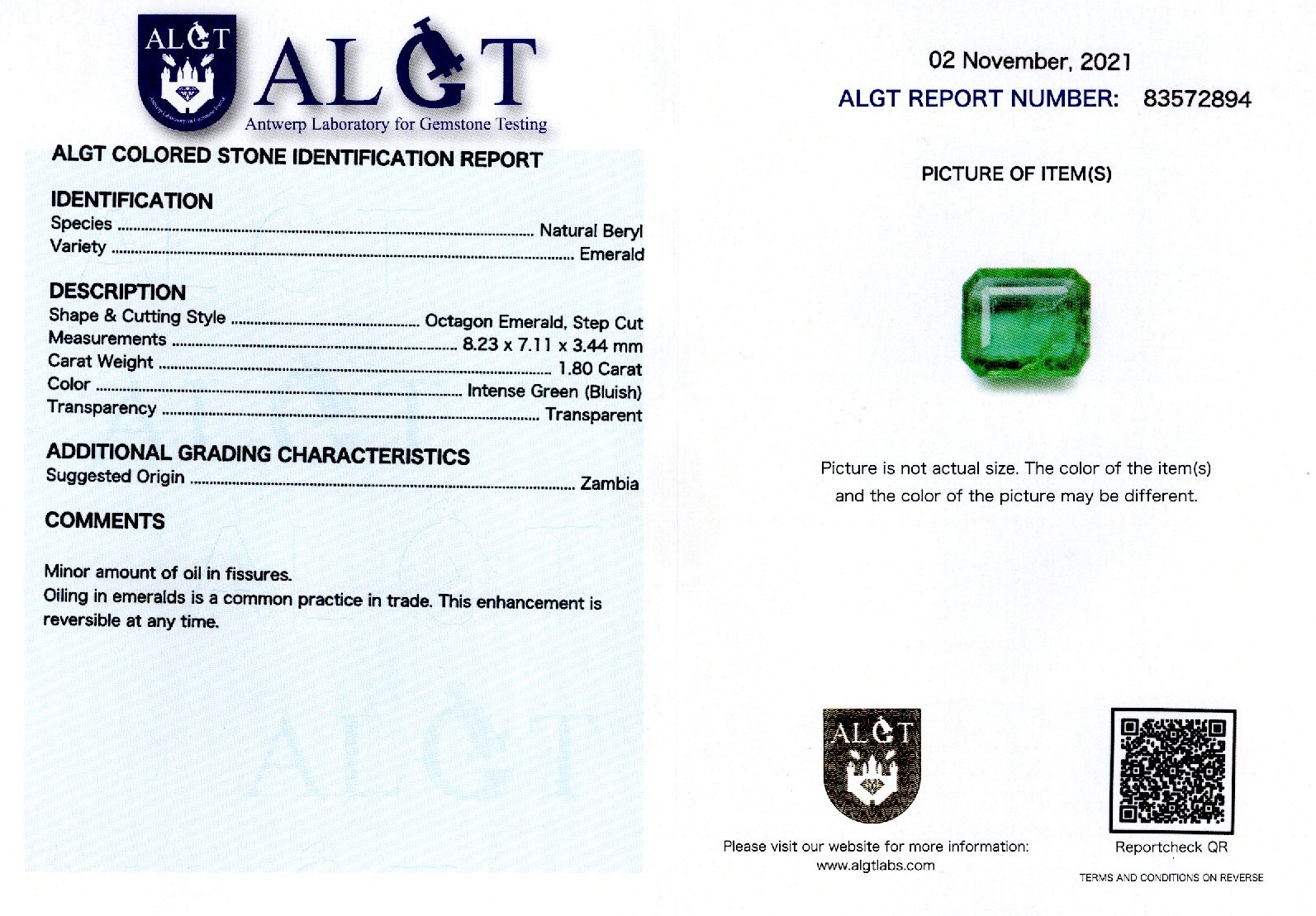Smarald 1,80 ct., Zambia, ALGT Antwerp