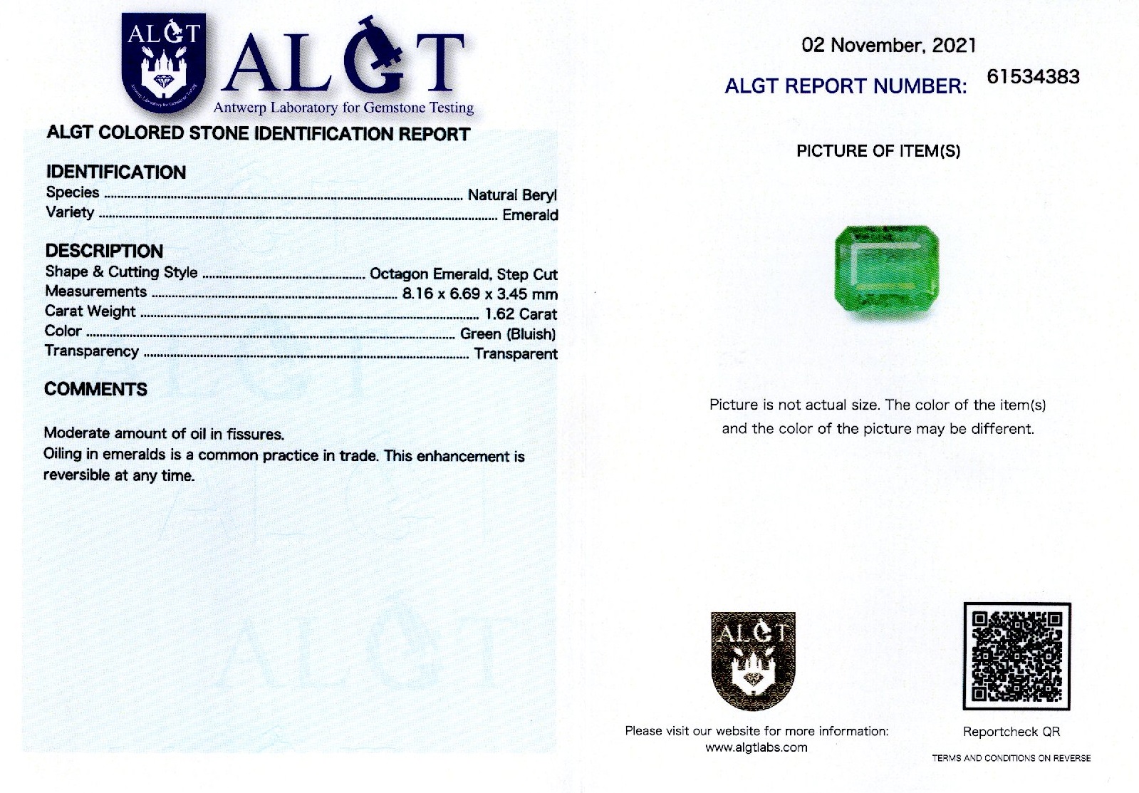 Smarald 1,62 ct., certificare ALGT Antwerp