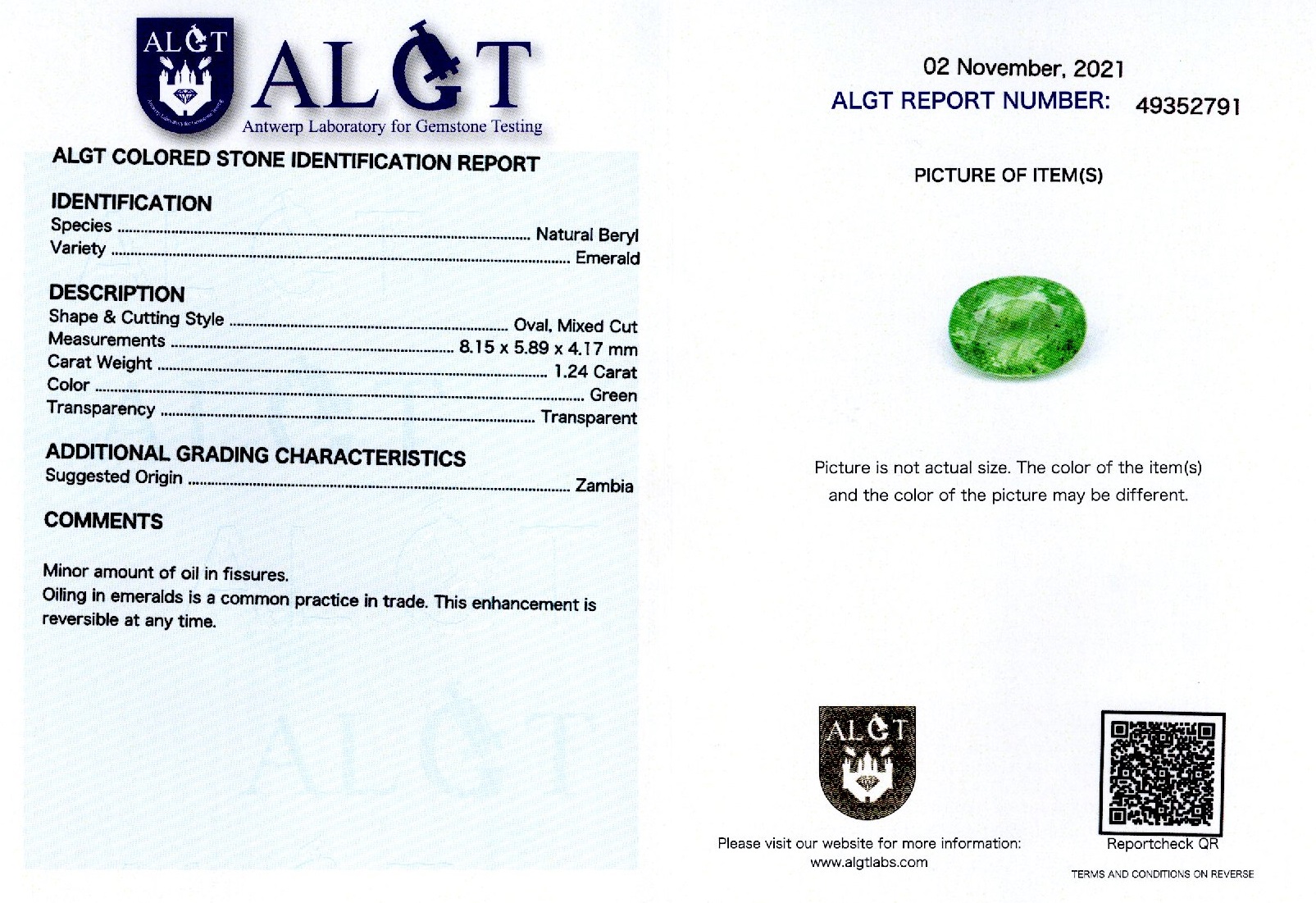 Smarald 1,24 ct., Zambia, ALGT Antwerp