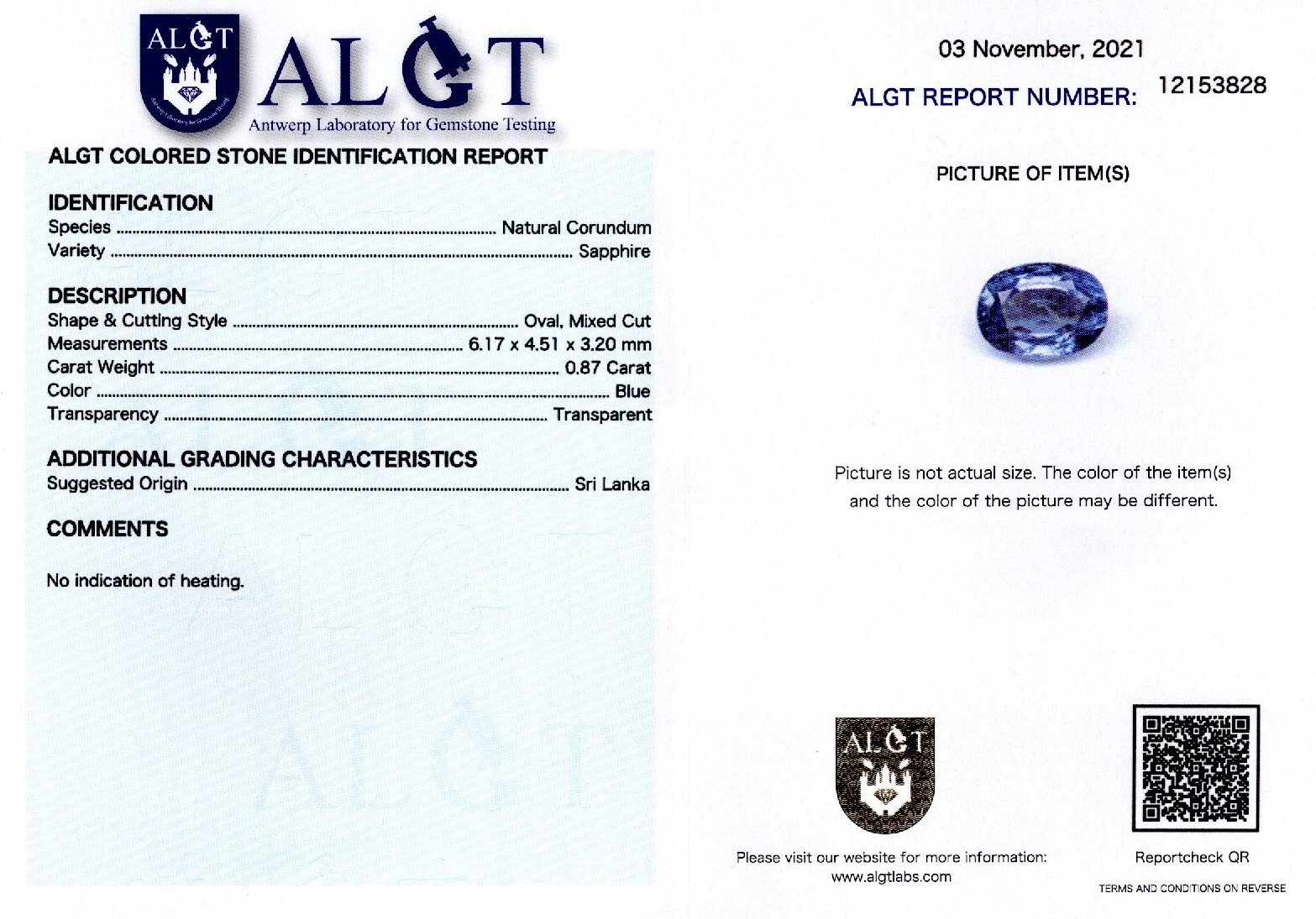 Safir 0,87 ct., Sri Lanka, neincalzit, certificare ALGT Antwerp