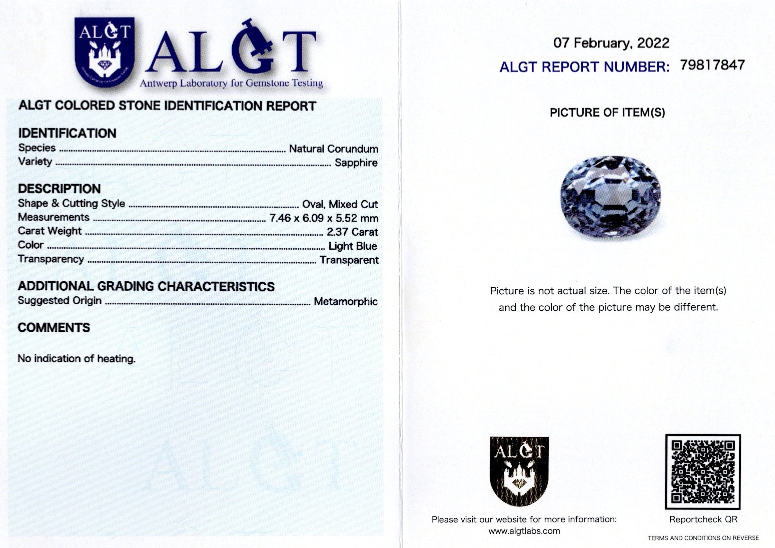 Safir 2,37 ct., neincalzit, certificare ALGT Antwerp