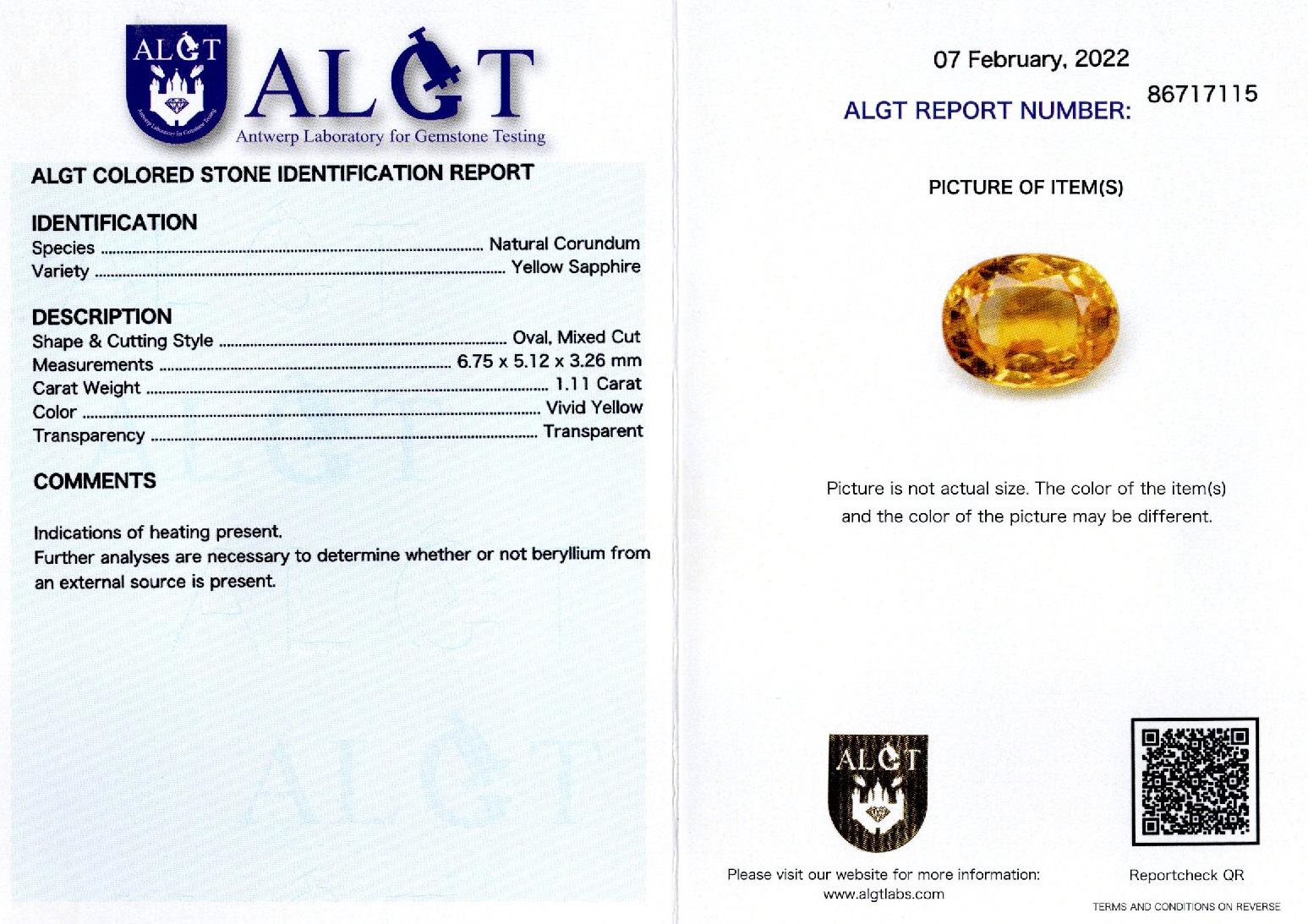 Safir 1,11 ct., certificare ALGT Antwerp