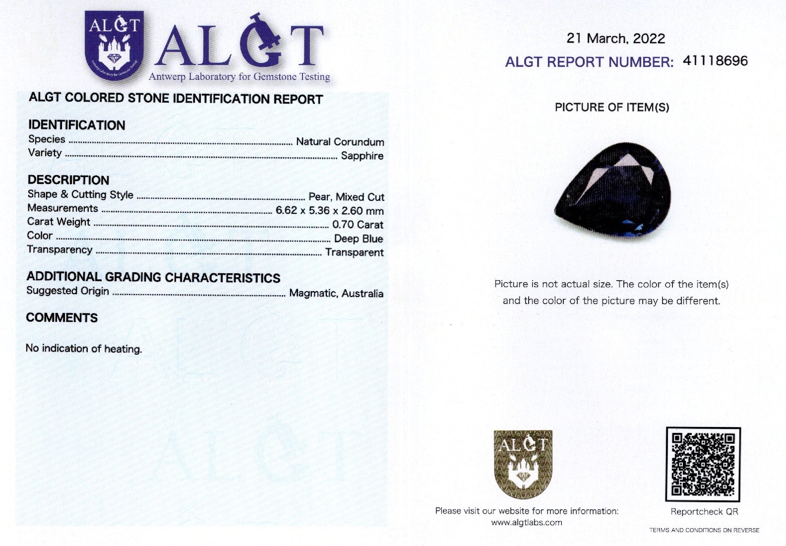 Safir 0,70 ct., Australia, neincalzit, ALGT Antwerp