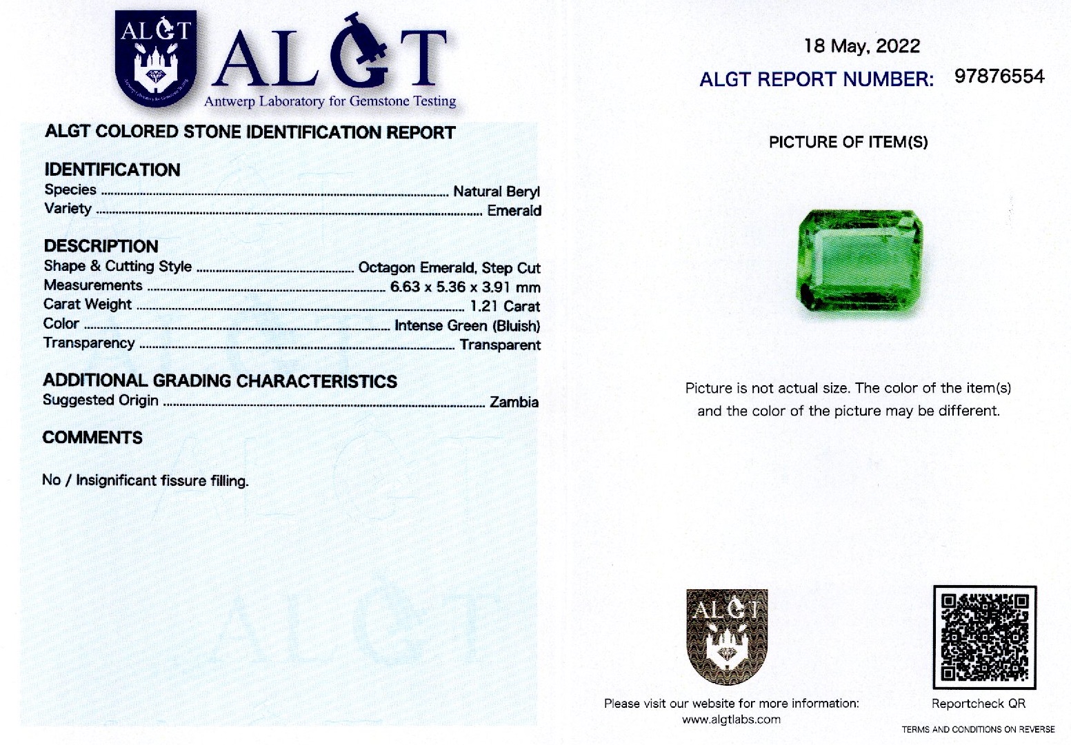 Smarald 1,21 ct., Zambia, certificare ALGT Antwerp