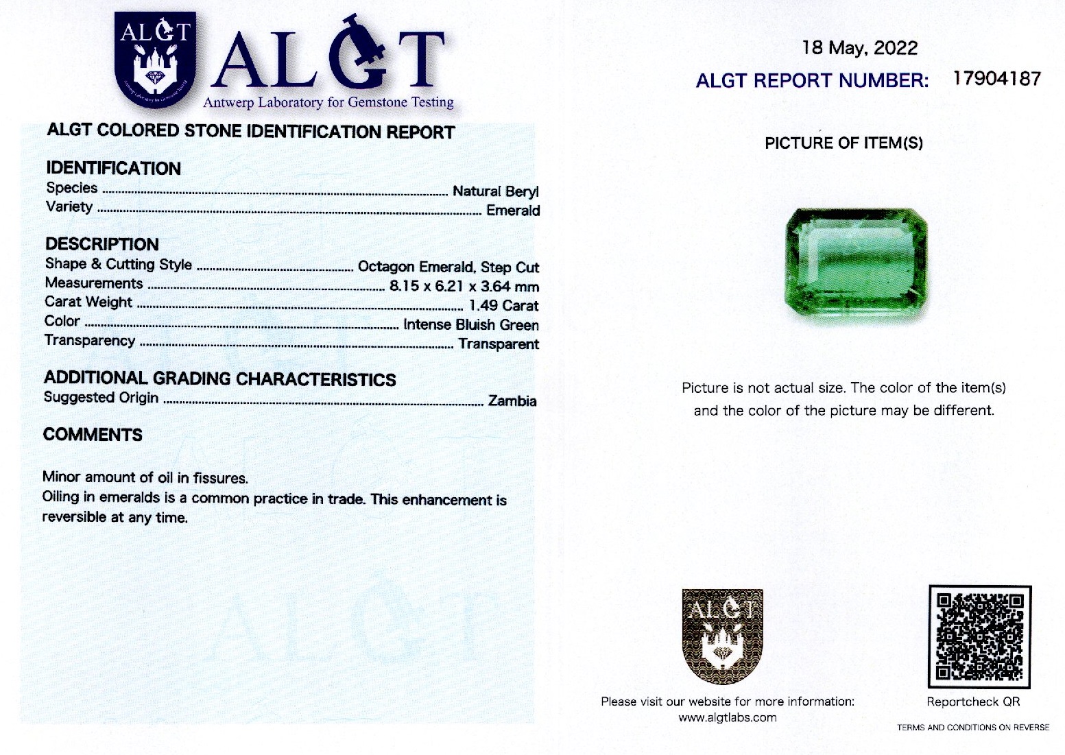 Smarald 1,49 ct., Zambia, certificare ALGT Antwerp