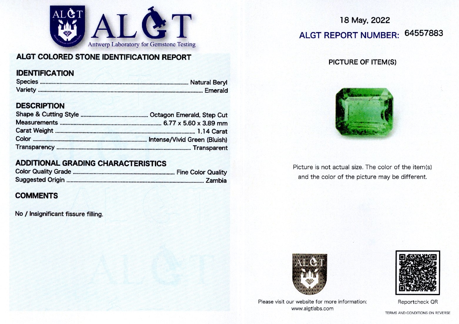 Smarald 1,14 ct., Zambia, Fine Color Quality, ALGT Antwerp