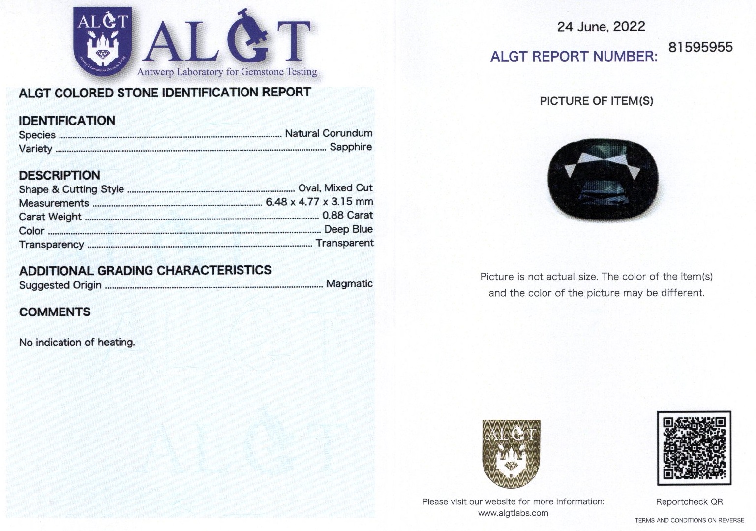 Safir 0,88 ct., neincalzit, certificare ALGT Antwerp