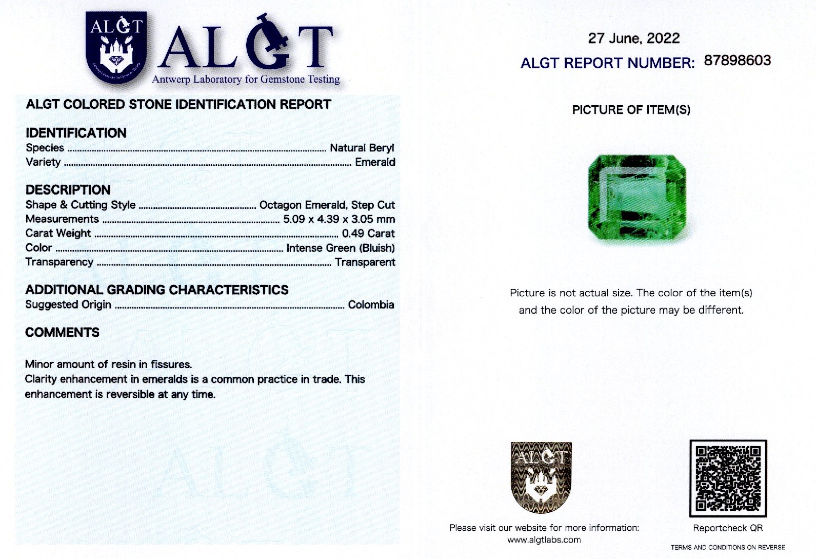 Smarald 0,49 ct., Columbia, certificare ALGT Antwerp