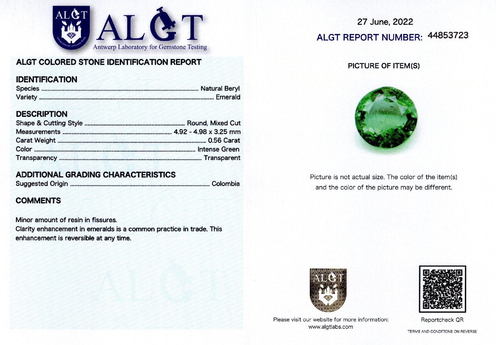 Smarald 0,56 ct., Columbia, certificare ALGT Antwerp