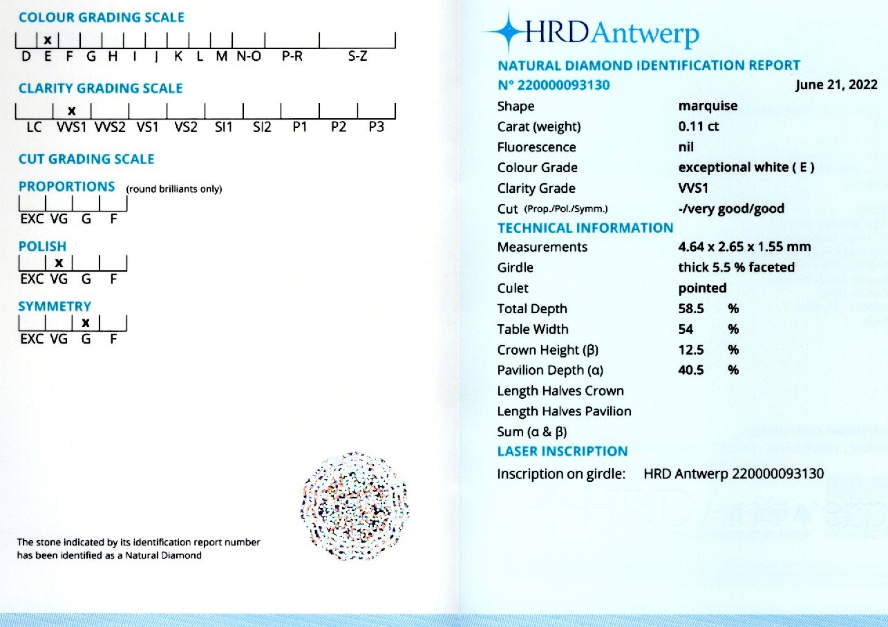Diamant 0,11 ct., E, VVS1, certificare HRD Antwerp