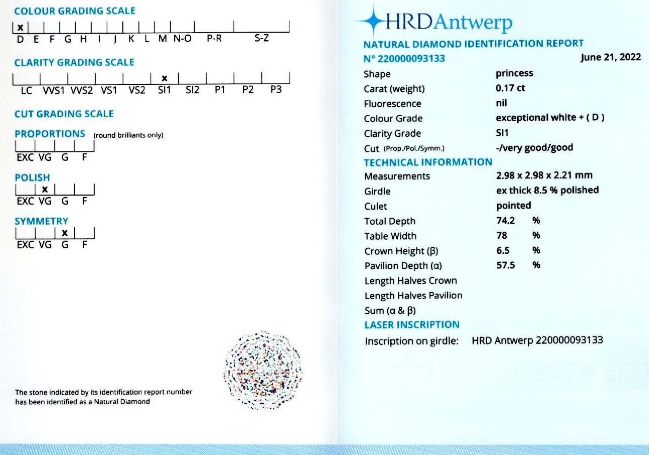 Diamant 0,17 ct., D, SI1, HRD Antwerp