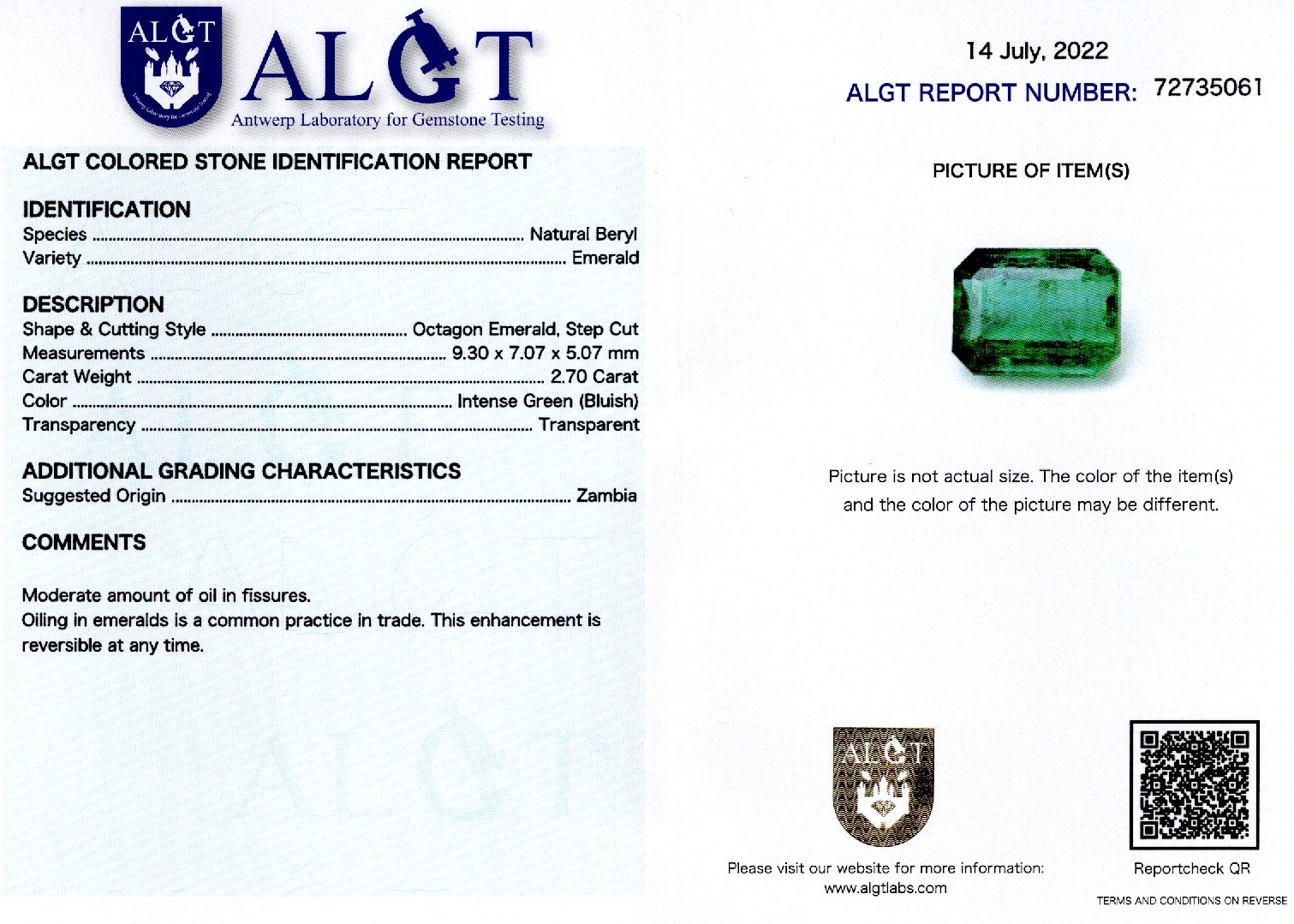 Smarald 2,70 ct., Zambia, certificare ALGT Antwerp