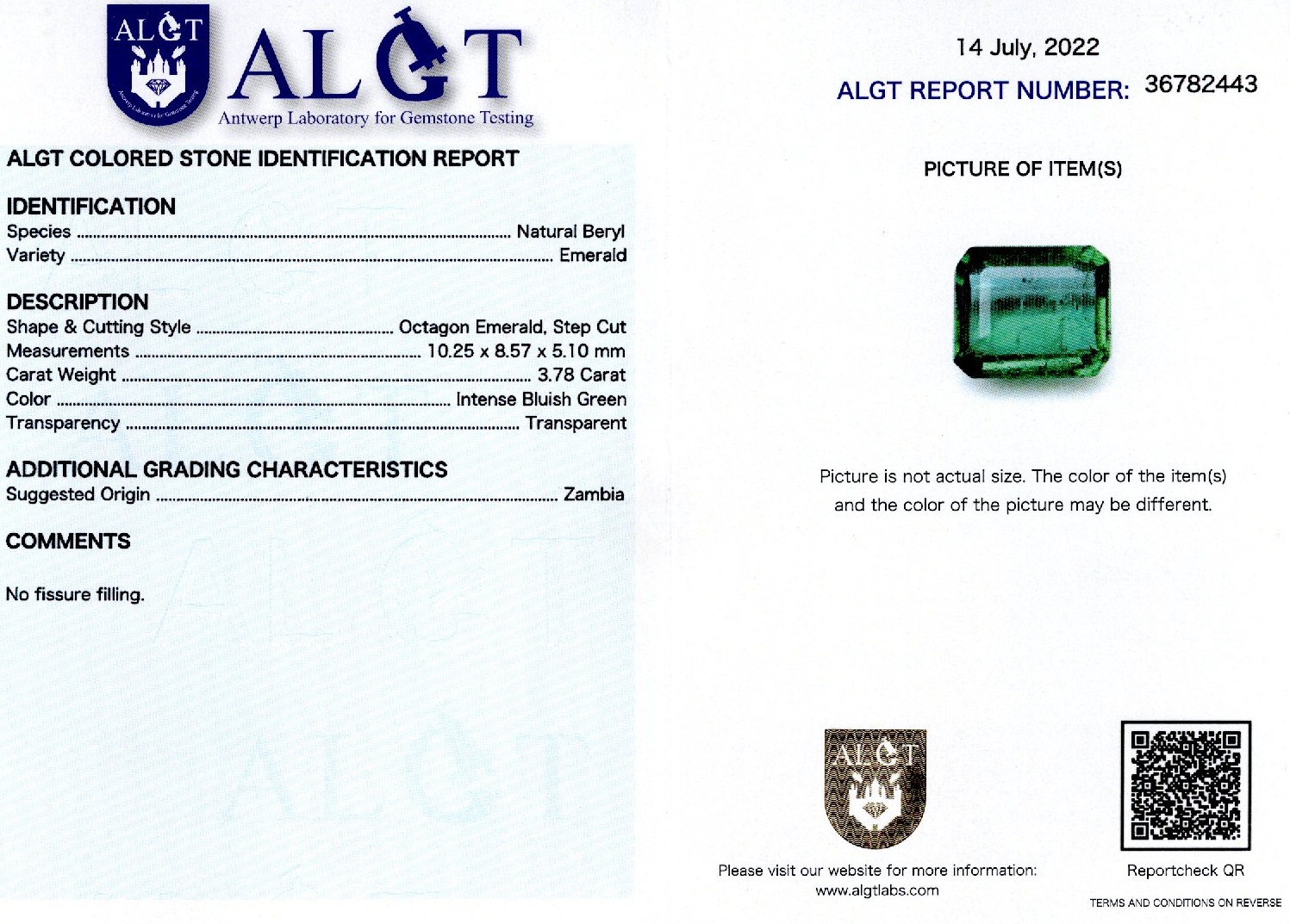 Smarald 3,78 ct., Zambia, certificare ALGT Antwerp