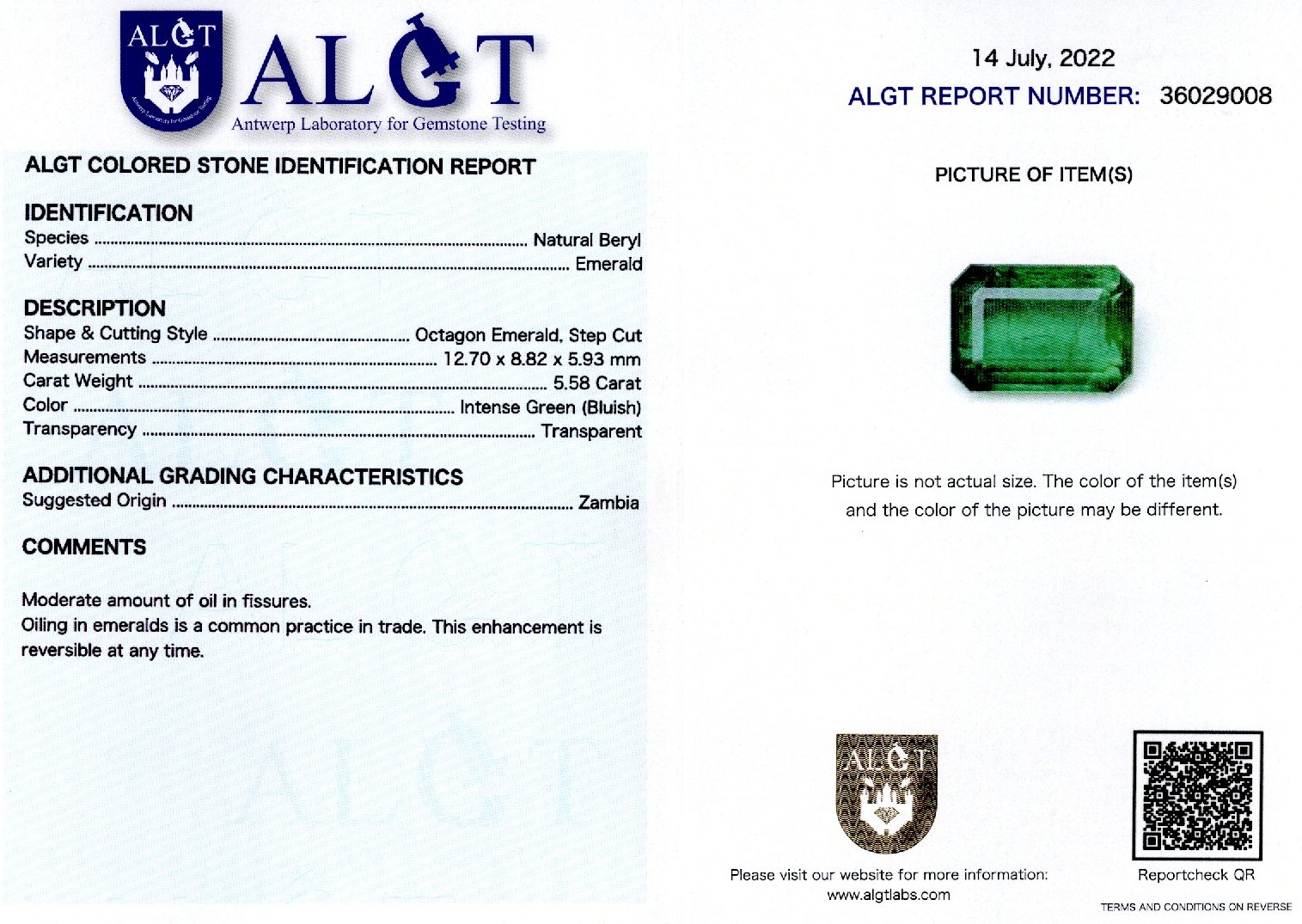 Smarald 5,58 ct., Zambia, certificare ALGT Antwerp