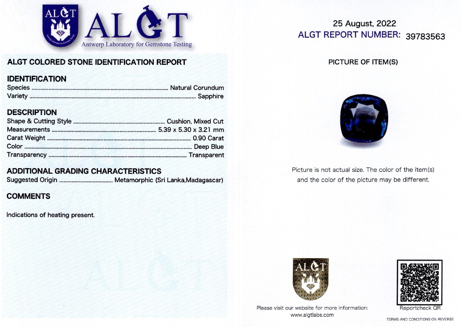 Safir 0,90 ct., Sri Lanka/Madagascar, ALGT Antwerp