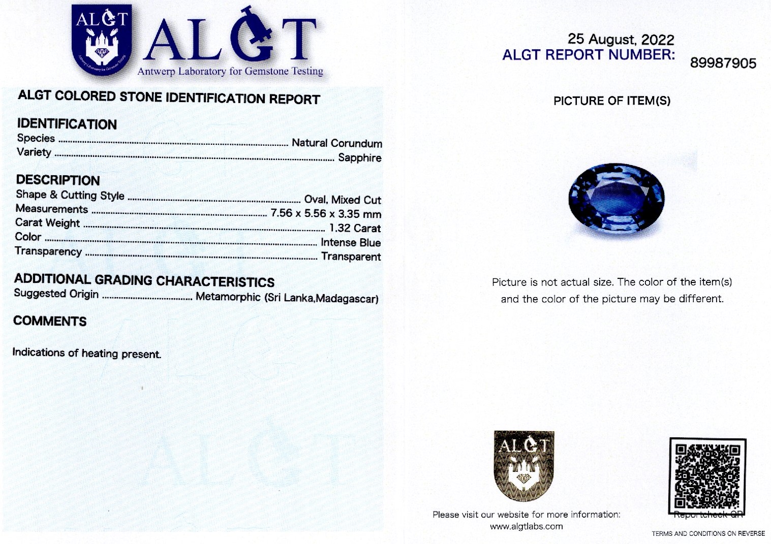 Safir 1,32 ct., Sri Lanka/Madagascar, ALGT Antwerp