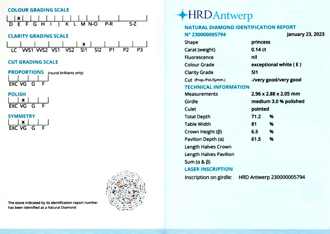 Diamant 0,14 ct., E, SI1, HRD Antwerp