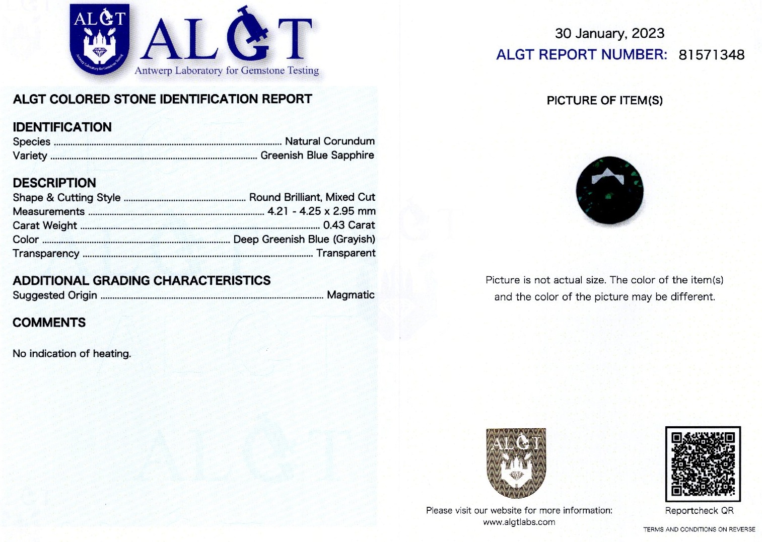 Safir 0,43 ct., neincalzit, ALGT Antwerp