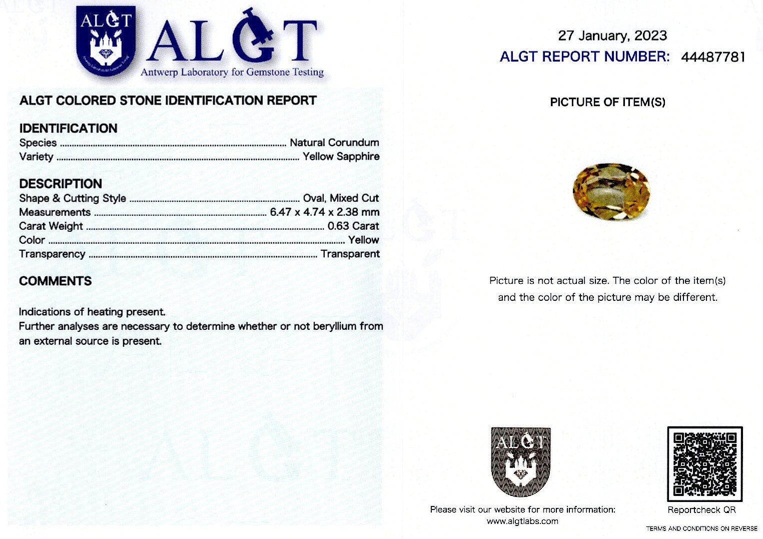 Safir 0,63 ct., certificare ALGT Antwerp