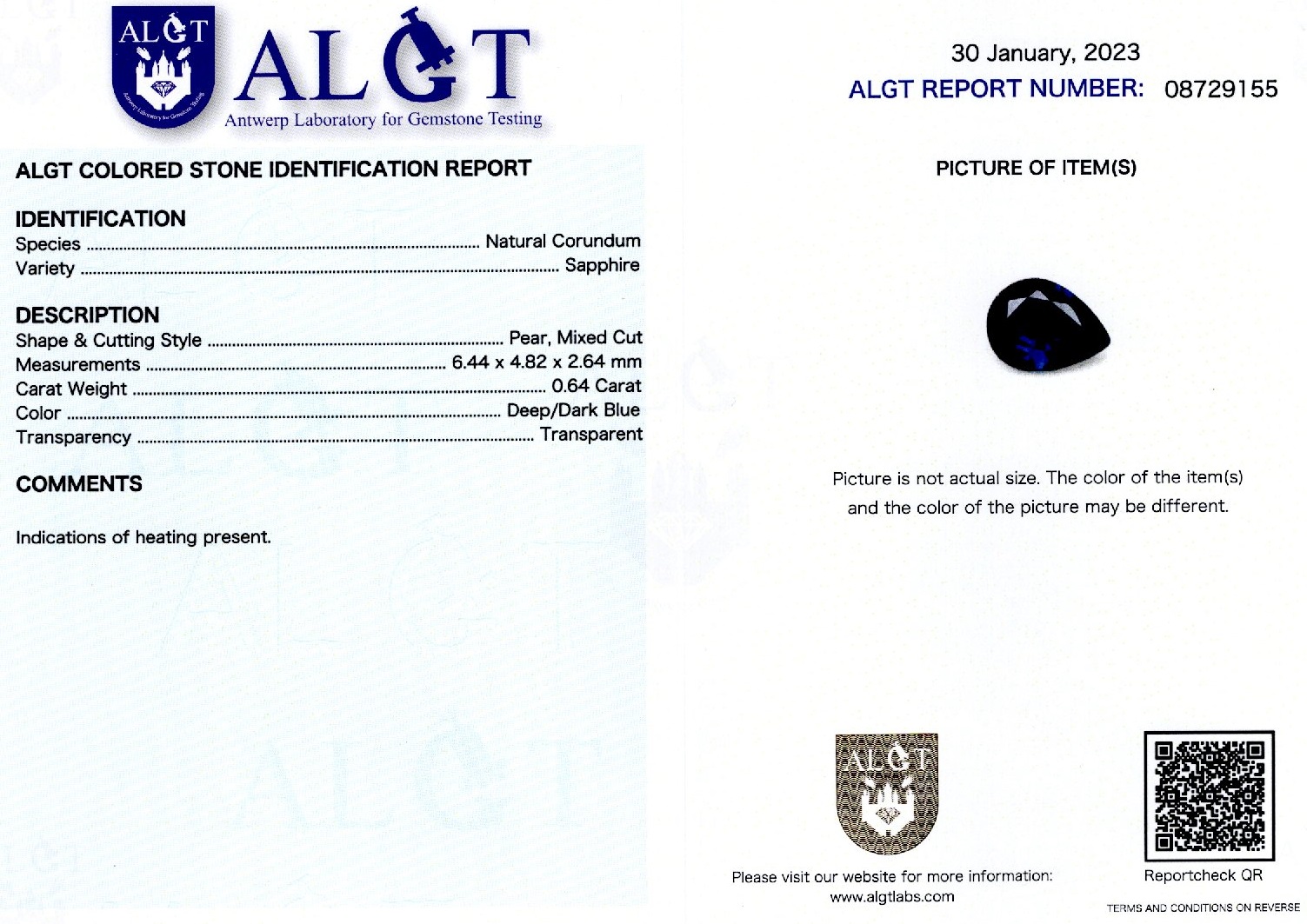 Safir 0,64 ct., certificare ALGT Antwerp