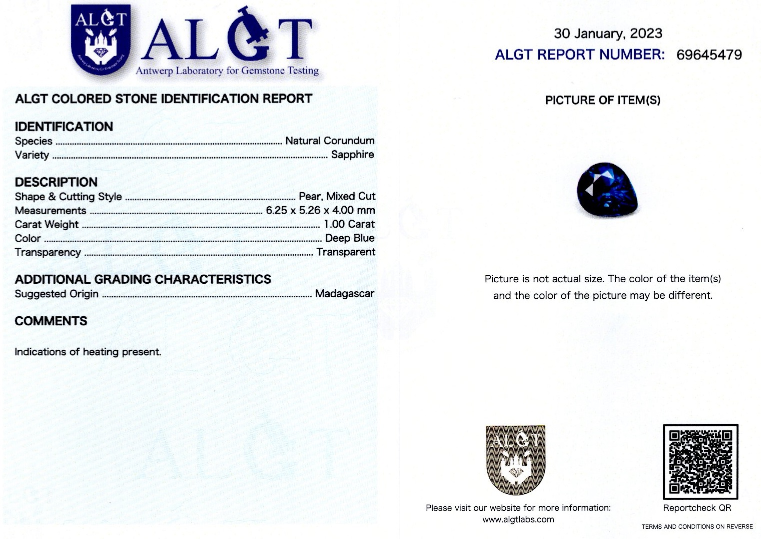 Safir 1,00 ct., Madagascar, ALGT Antwerp