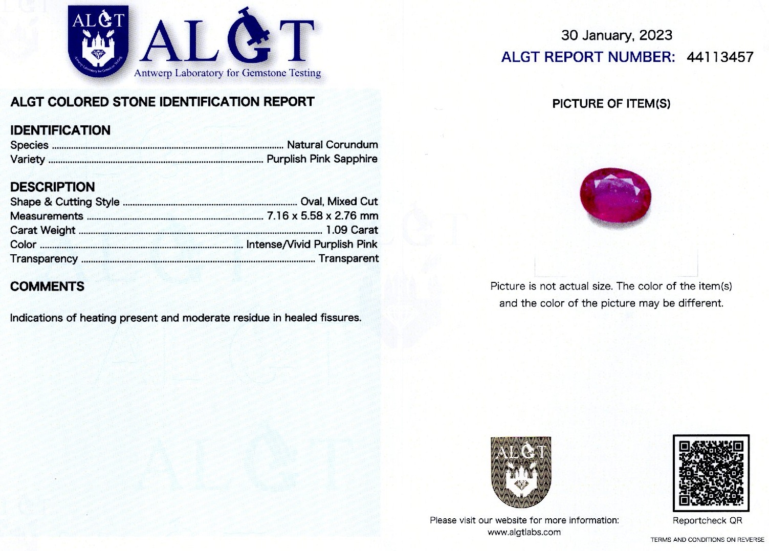 Safir 1,09 ct., certificare ALGT Antwerp
