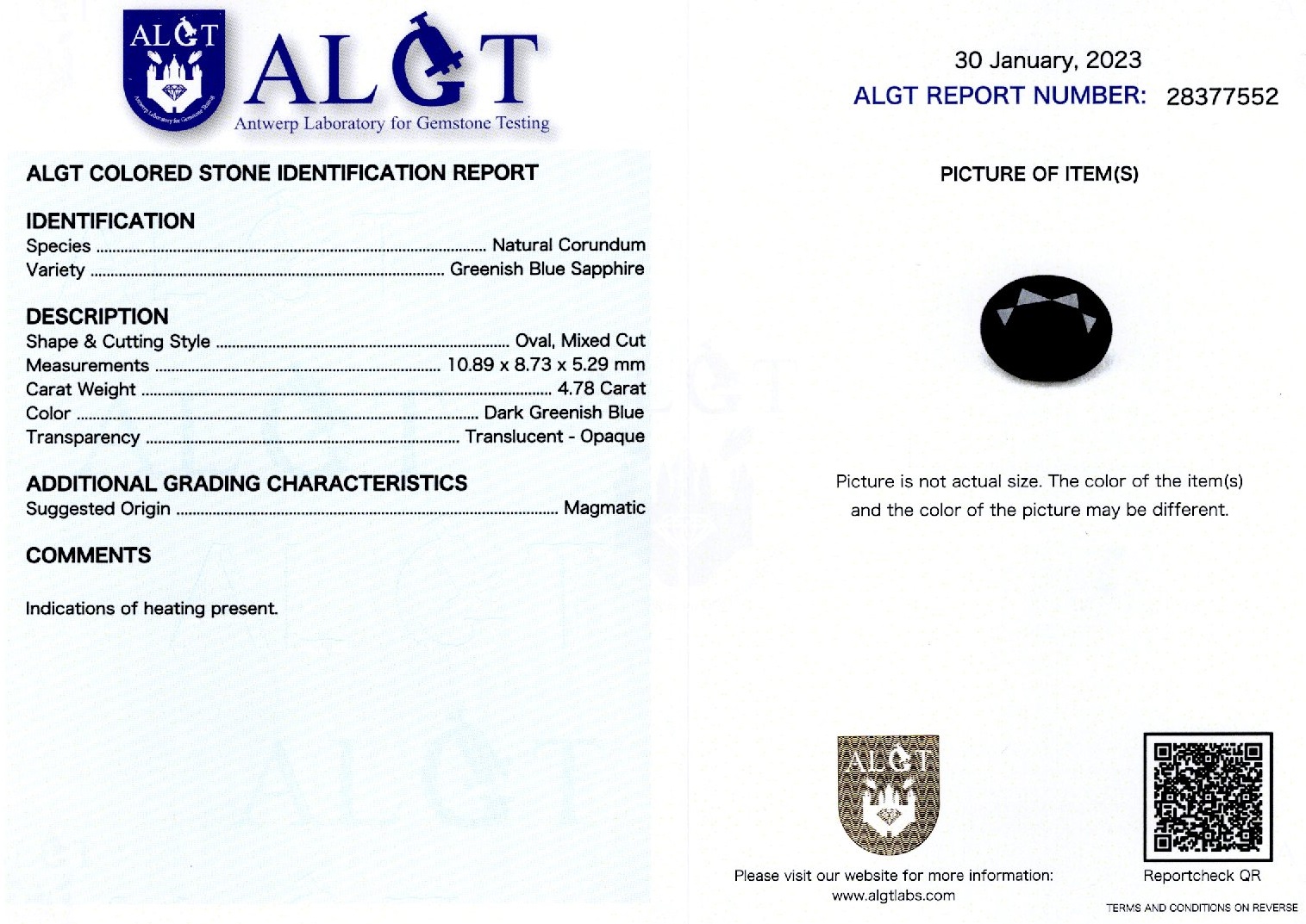 Safir 4,78 ct., certificare ALGT Antwerp