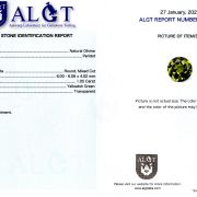 Peridot 1,05 ct., neincalzit, certificare ALGT Antwerp