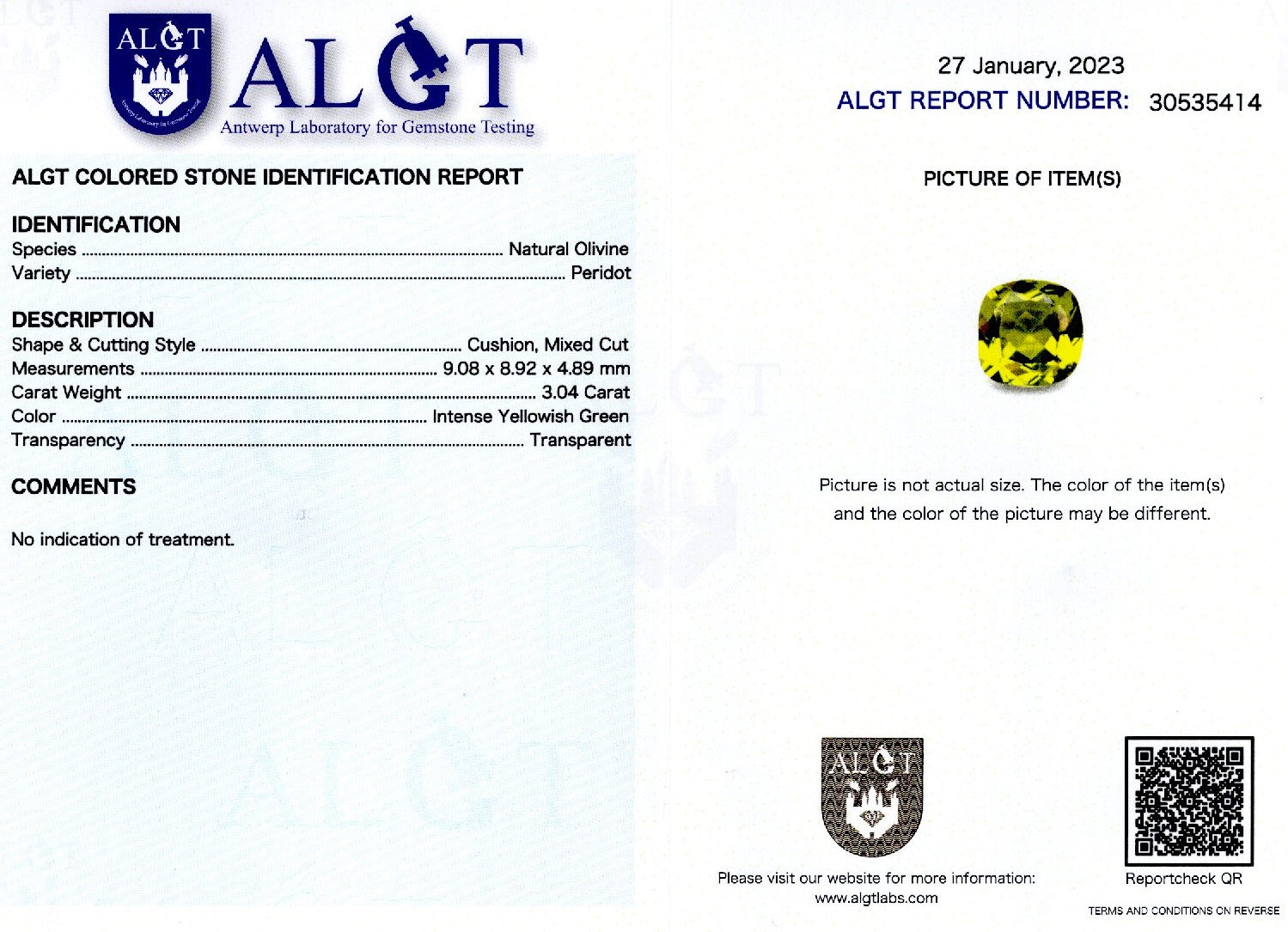 Peridot 3,04 ct., neincalzit, certificare ALGT Antwerp