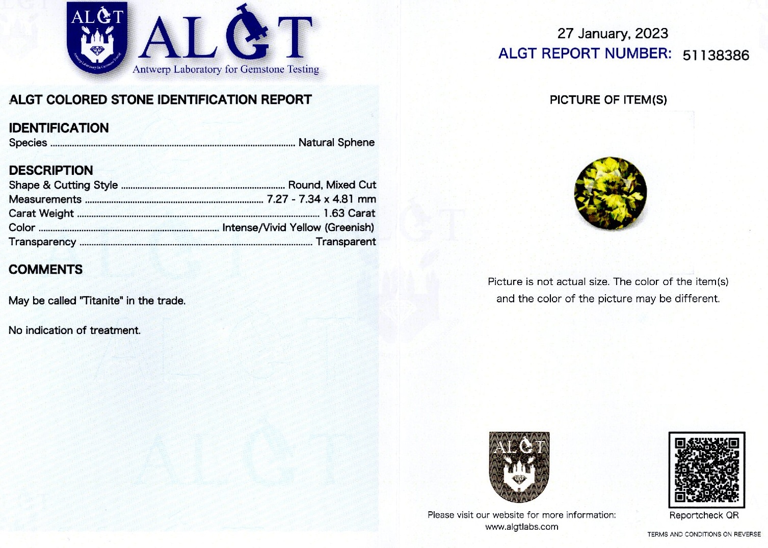 Titanit/sfen 1,63 ct., neincalzit, certificare ALGT Antwerp