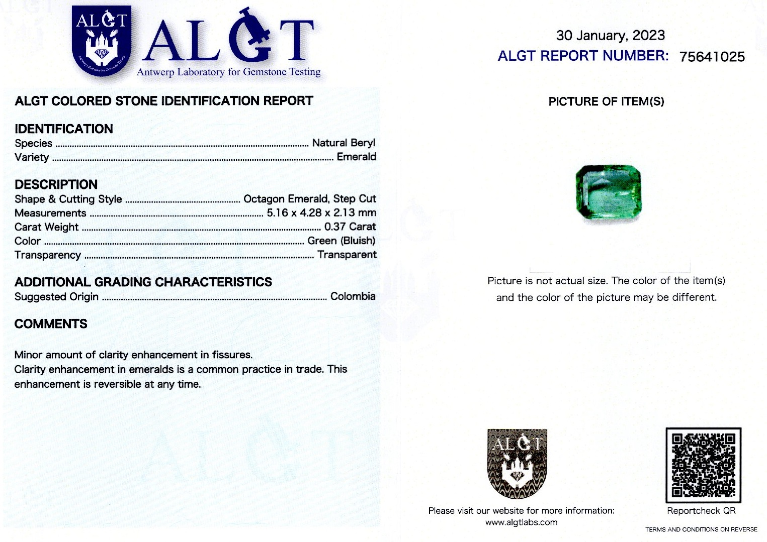 Smarald 0,37 ct., Columbia, certificare ALGT Antwerp