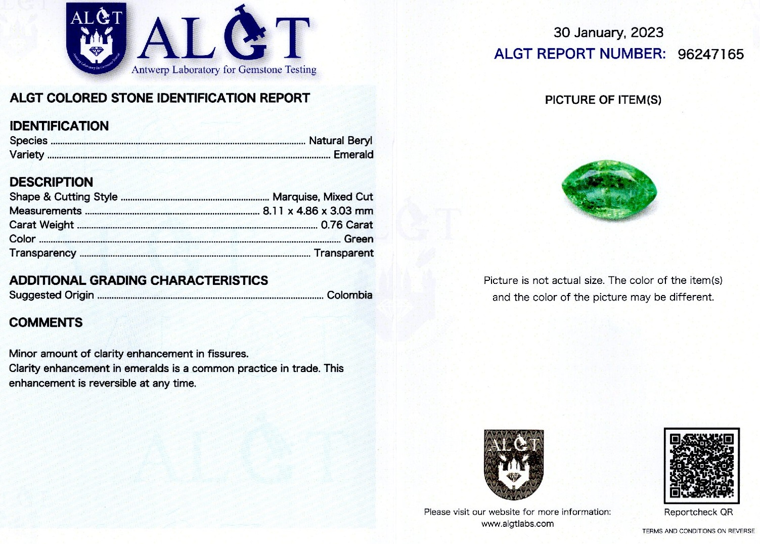 Smarald 0,76 ct., Columbia, certificare ALGT Antwerp