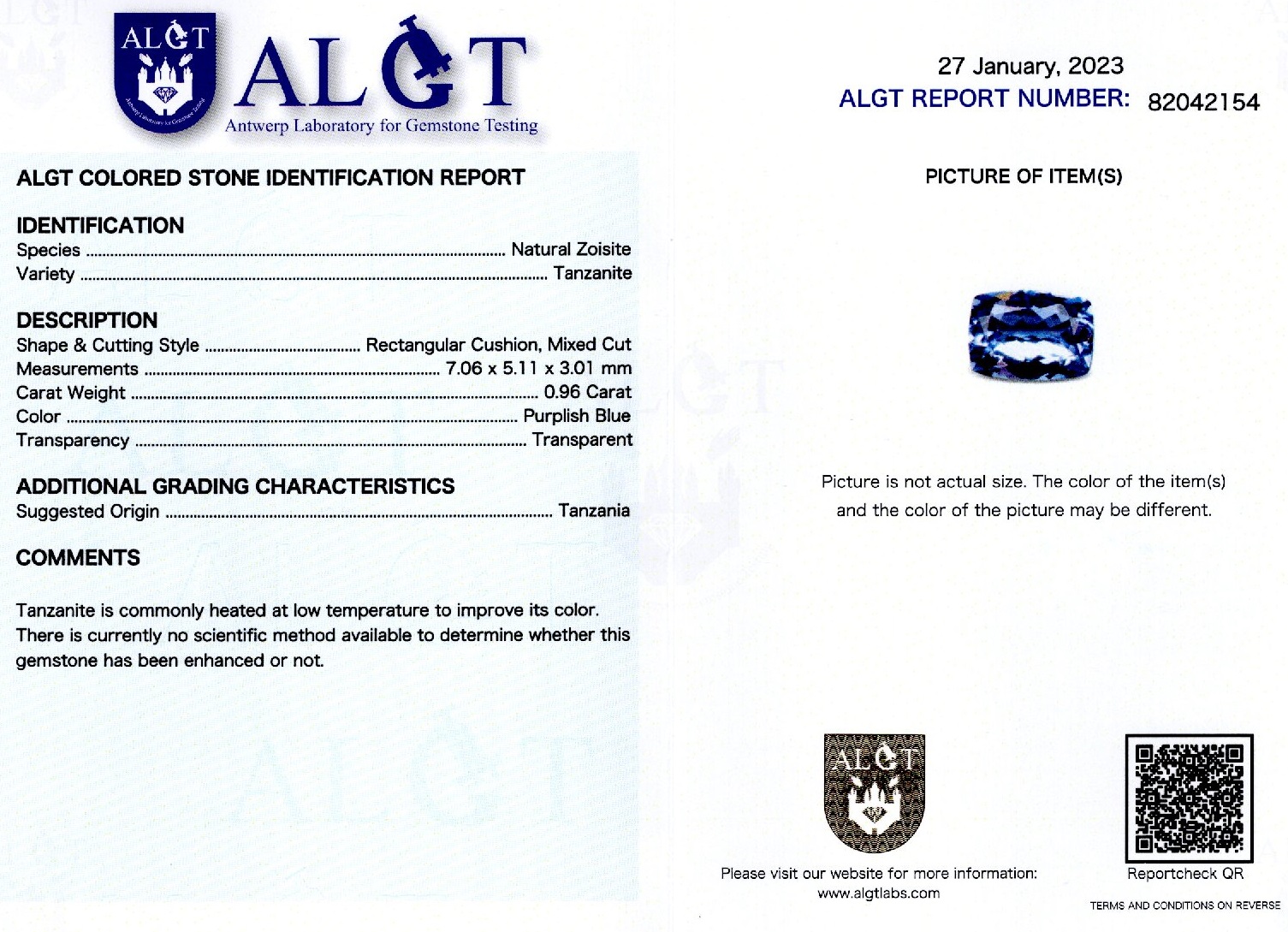 Tanzanit 0,96 ct.,Tanzania, certificare ALGT Antwerp