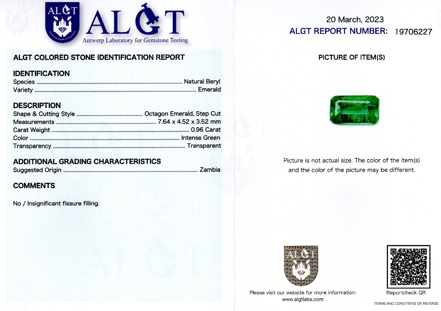 Smarald 0,96 ct., Zambia, certificare ALGT Antwerp