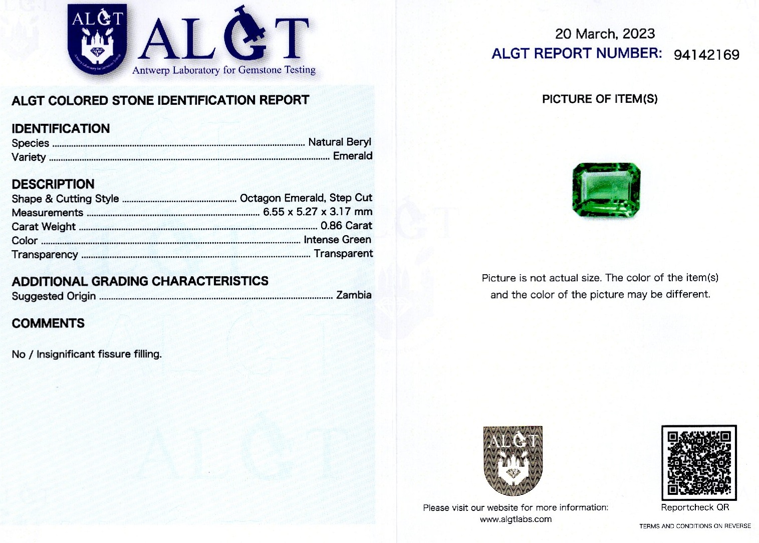 Smarald 0,86 ct., Zambia, certificare ALGT Antwerp