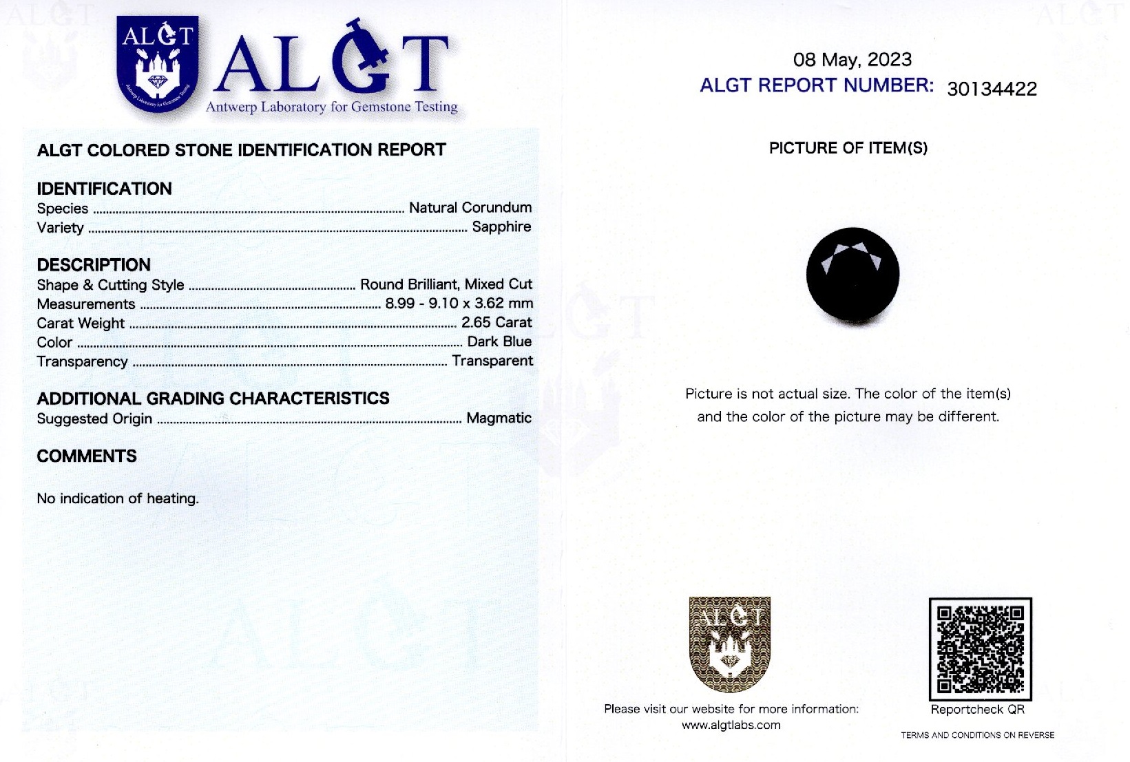 Safir 2,65 ct., neincalzit, ALGT Antwerp