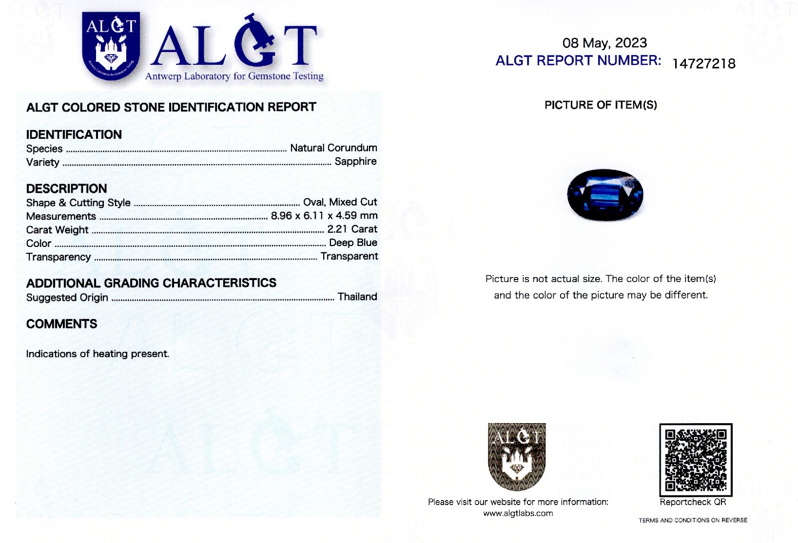 Safir 2,21 ct., Thailanda, ALGT Antwerp