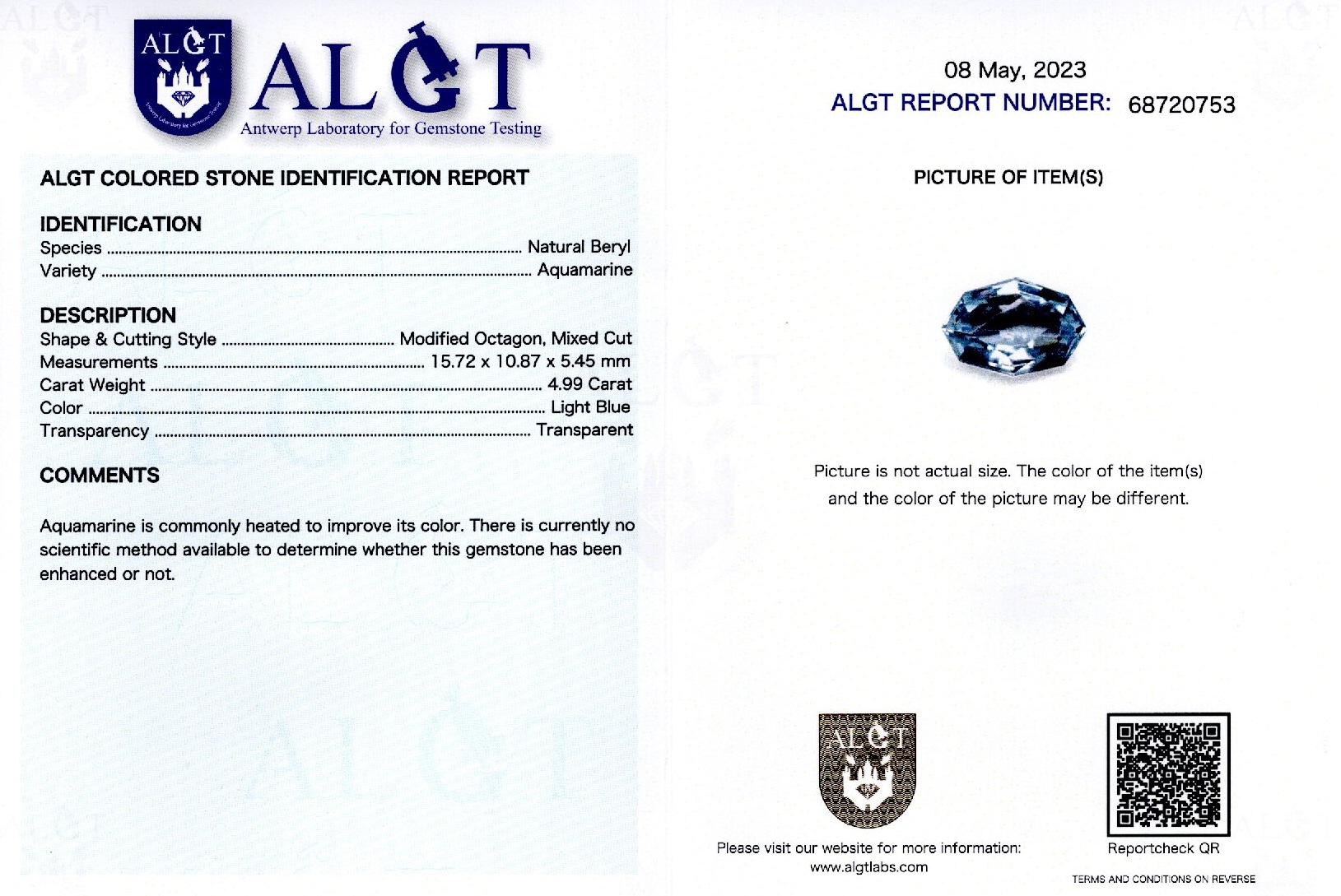 Aquamarin 4,99 ct, certificare ALGT Antwerp