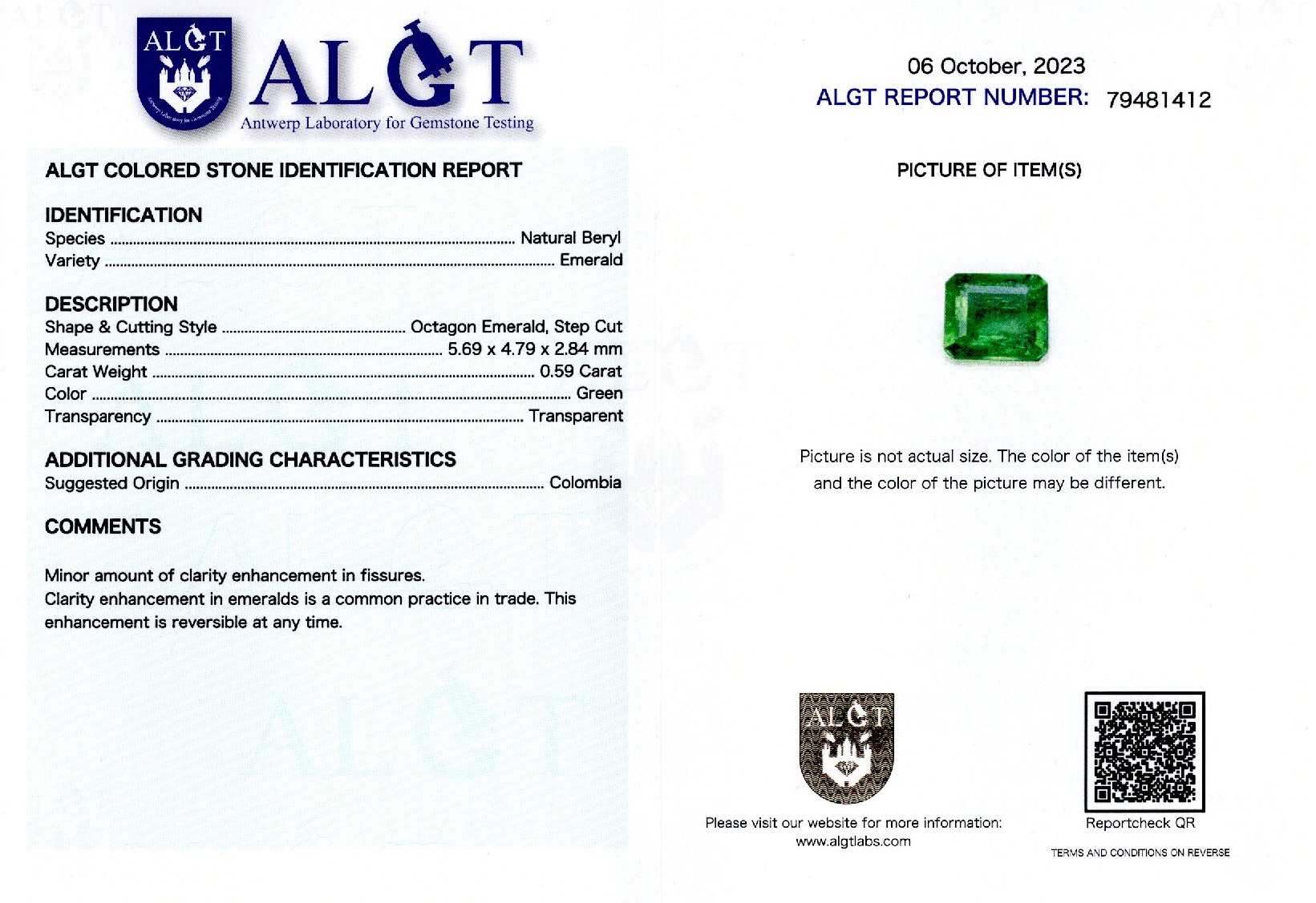Smarald 0,59 ct., Columbia, ALGT Antwerp