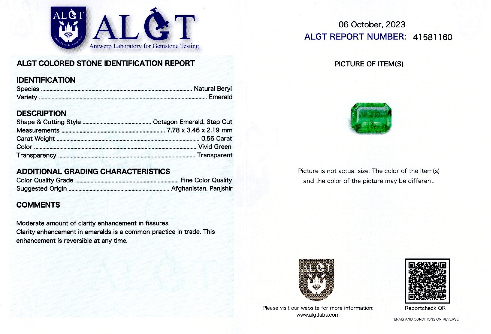 Smarald 0,56 ct., Afganistan, Panjshir, Fine Color Quality, ALGT Antwerp