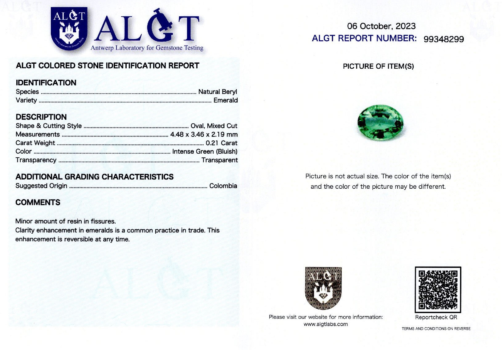 Smarald 0,21 ct., Columbia, ALGT Antwerp